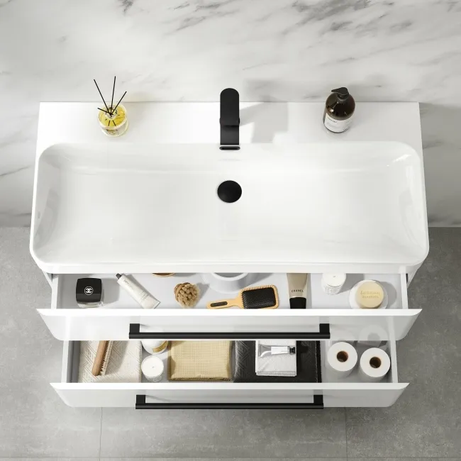 Omaha Gloss White Wall Hung Basin Drawer Vanity 1000mm - Black Accents