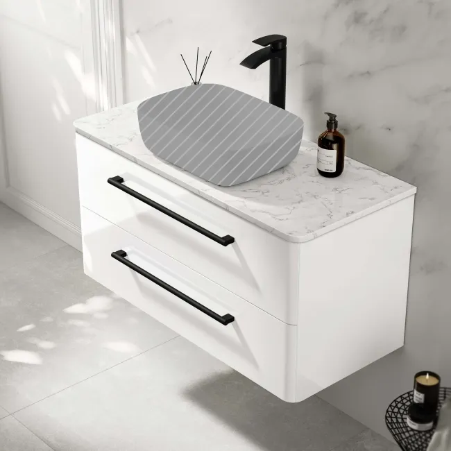 Omaha Gloss White Wall Hung Drawer Vanity with Marble Top 1000mm (Excludes Counter Top Basin) - Black Accents