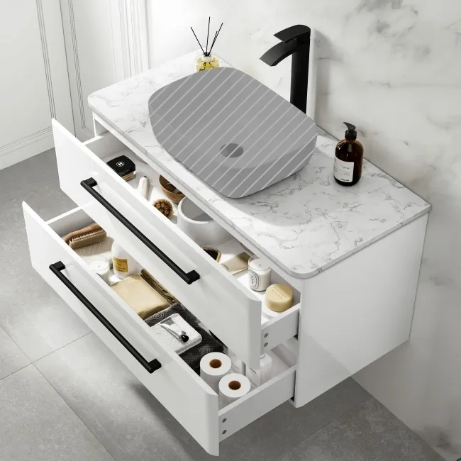 Omaha Gloss White Wall Hung Drawer Vanity with Marble Top 1000mm (Excludes Counter Top Basin) - Black Accents