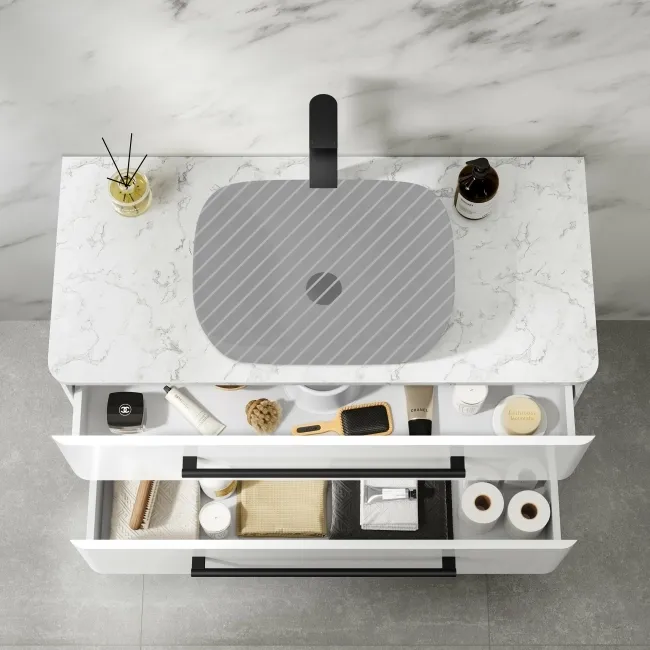 Omaha Gloss White Wall Hung Drawer Vanity with Marble Top 1000mm (Excludes Counter Top Basin) - Black Accents