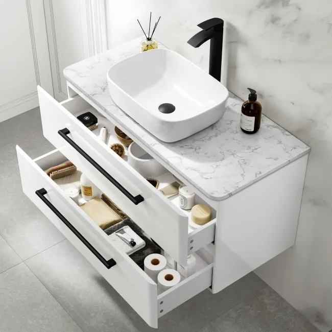 Omaha Gloss White Wall Hung Drawer Vanity with Marble Top & Curved Counter Top Basin 1000mm - Black Accents