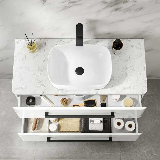 Omaha Gloss White Wall Hung Drawer Vanity with Marble Top & Curved Counter Top Basin 1000mm - Black Accents