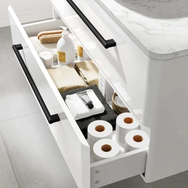 Omaha Gloss White Wall Hung Drawer Vanity with Marble Top & Curved Counter Top Basin 1000mm - Black Accents