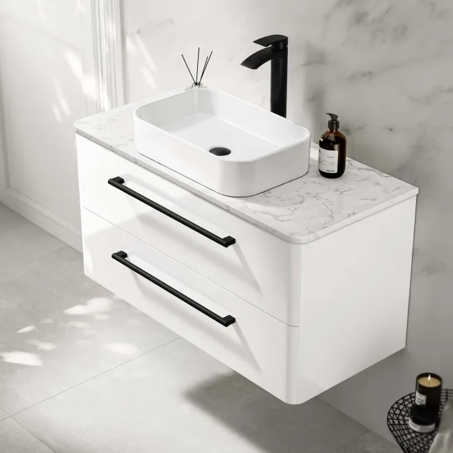 Omaha Gloss White Wall Hung Drawer Vanity with Marble Top & Marin Basin 1000mm - Black Accents