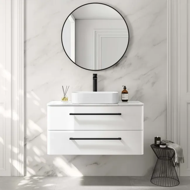 Omaha Gloss White Wall Hung Drawer Vanity with Marble Top & Marin Basin 1000mm - Black Accents