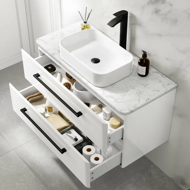 Omaha Gloss White Wall Hung Drawer Vanity with Marble Top & Marin Basin 1000mm - Black Accents
