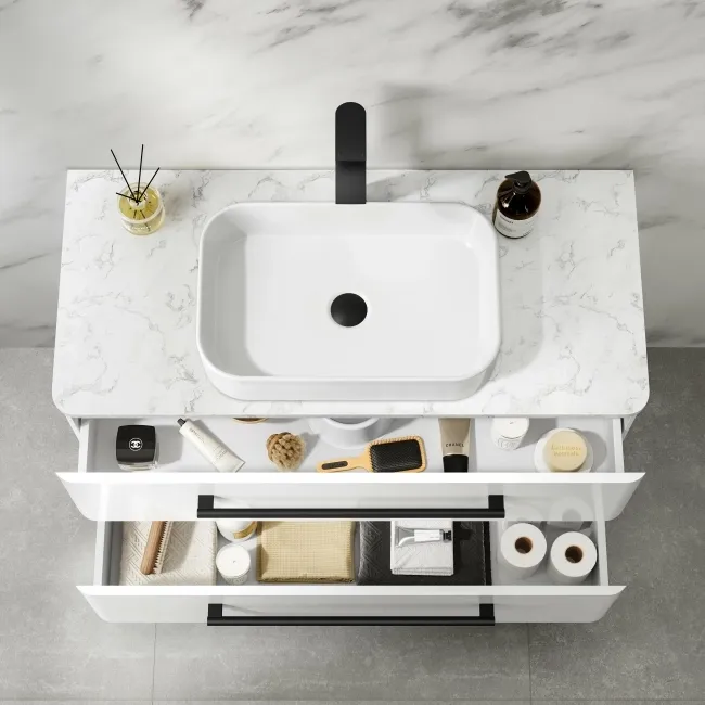 Omaha Gloss White Wall Hung Drawer Vanity with Marble Top & Marin Basin 1000mm - Black Accents