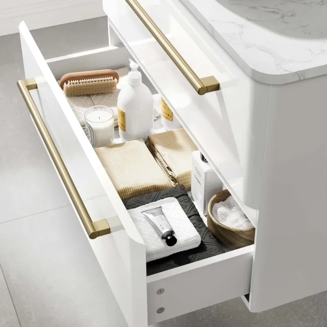 Omaha Gloss White Wall Hung Drawer Vanity with Marble Top & Marin Basin 800mm - Brushed Brass Accents