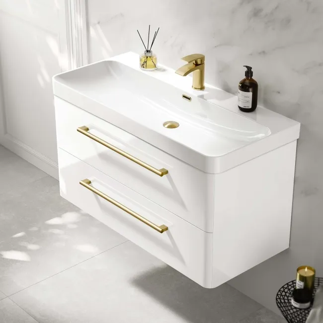 Omaha Gloss White Wall Hung Basin Drawer Vanity 1000mm - Brushed Brass Accents