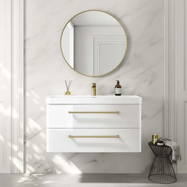 Omaha Gloss White Wall Hung Basin Drawer Vanity 1000mm - Brushed Brass Accents