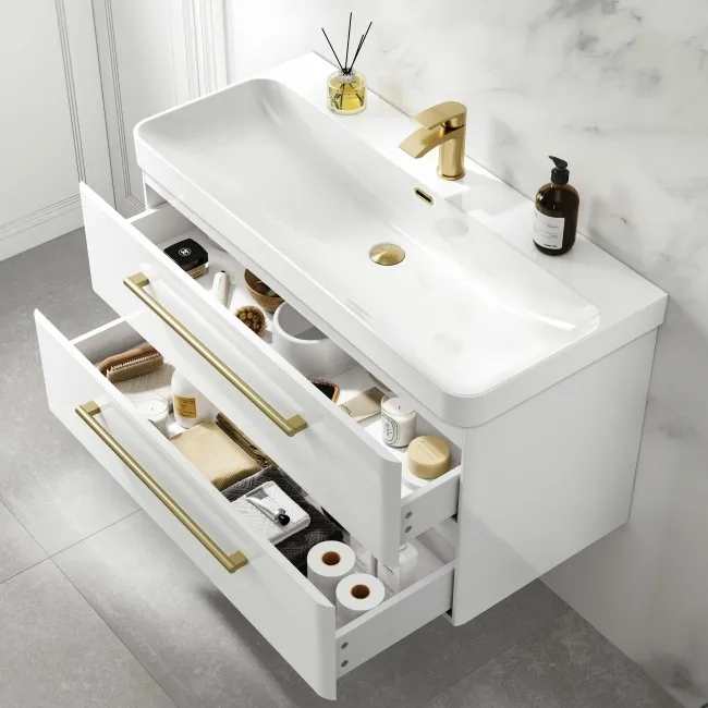 Omaha Gloss White Wall Hung Basin Drawer Vanity 1000mm - Brushed Brass Accents