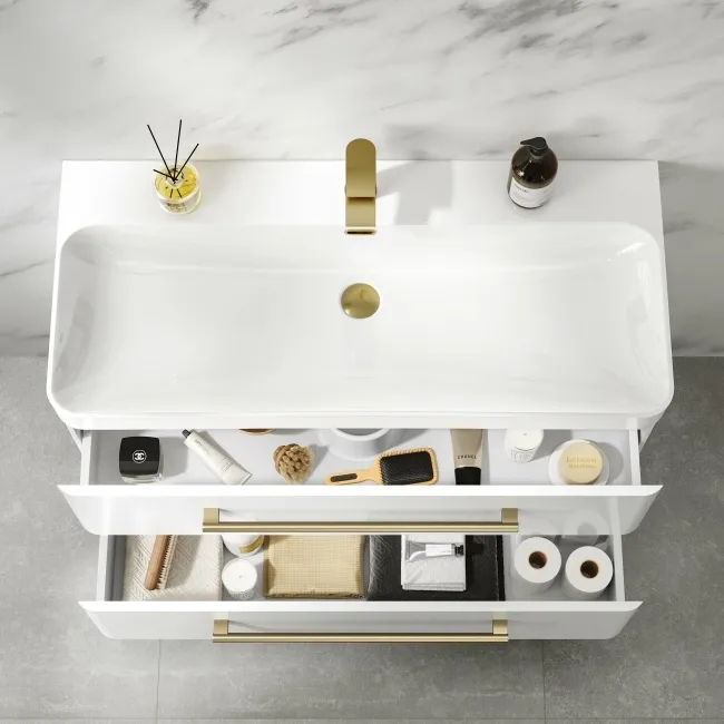 Omaha Gloss White Wall Hung Basin Drawer Vanity 1000mm - Brushed Brass Accents