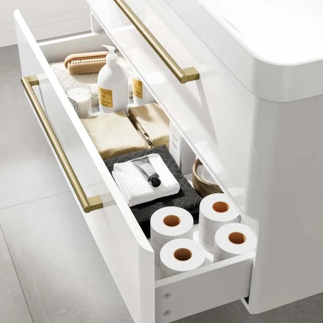 Omaha Gloss White Wall Hung Basin Drawer Vanity 1000mm - Brushed Brass Accents