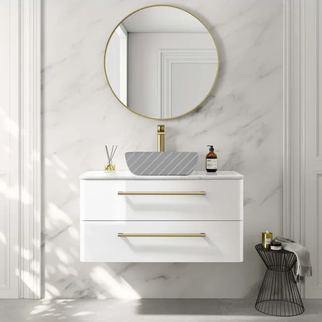 Omaha Gloss White Wall Hung Drawer Vanity with Marble Top 1000mm (Excludes Counter Top Basin) - Brushed Brass Accents