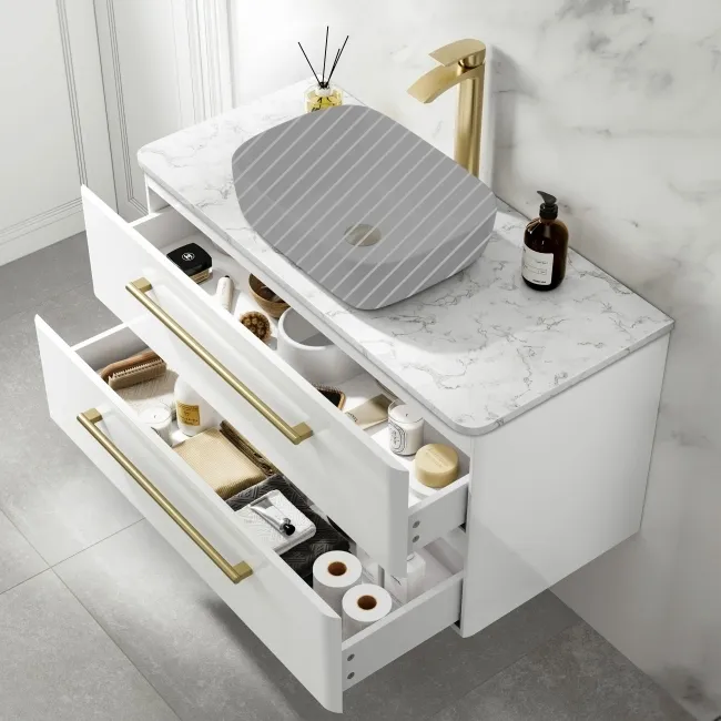 Omaha Gloss White Wall Hung Drawer Vanity with Marble Top 1000mm (Excludes Counter Top Basin) - Brushed Brass Accents
