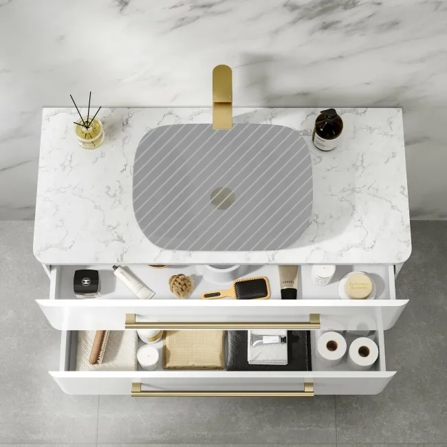 Omaha Gloss White Wall Hung Drawer Vanity with Marble Top 1000mm (Excludes Counter Top Basin) - Brushed Brass Accents