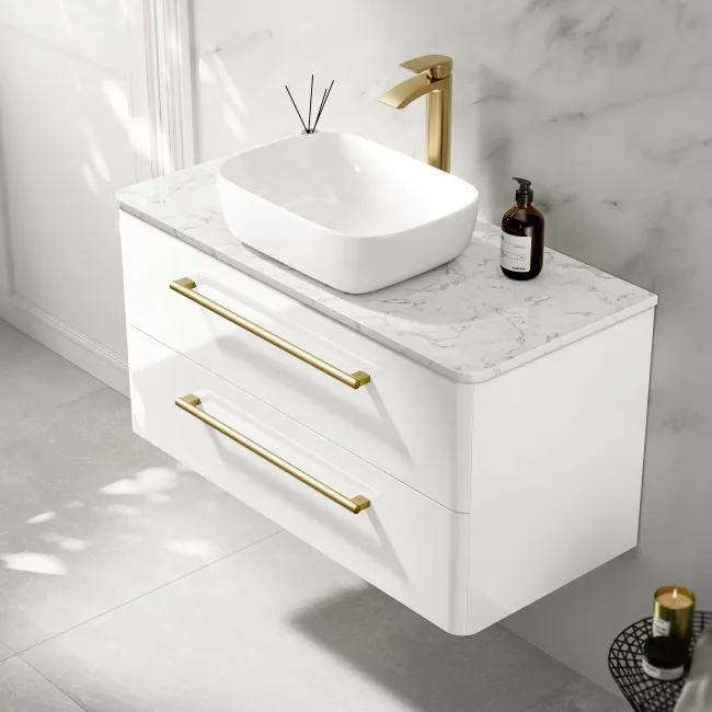 Omaha Gloss White Wall Hung Drawer Vanity with Marble Top & Curved Counter Top Basin 1000mm - Brushed Brass Accents