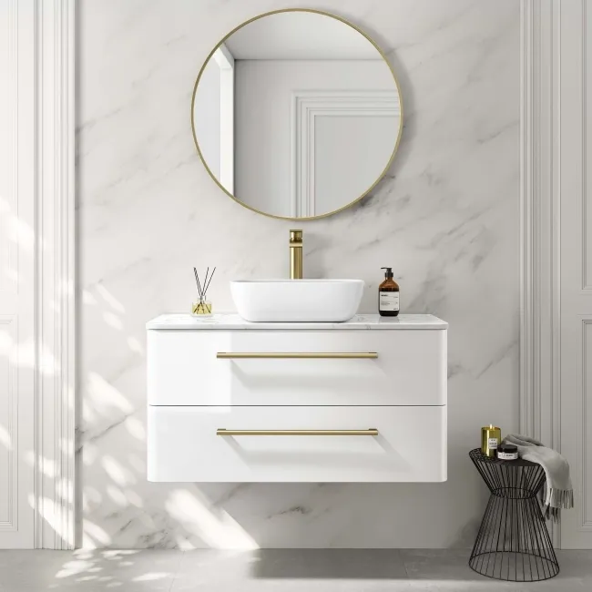 Omaha Gloss White Wall Hung Drawer Vanity with Marble Top & Curved Counter Top Basin 1000mm - Brushed Brass Accents