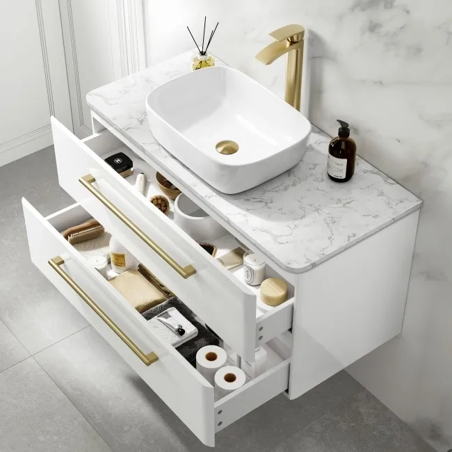 Omaha Gloss White Wall Hung Drawer Vanity with Marble Top & Curved Counter Top Basin 1000mm - Brushed Brass Accents