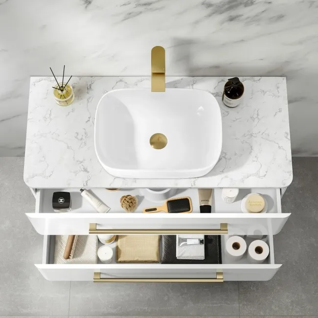 Omaha Gloss White Wall Hung Drawer Vanity with Marble Top & Curved Counter Top Basin 1000mm - Brushed Brass Accents