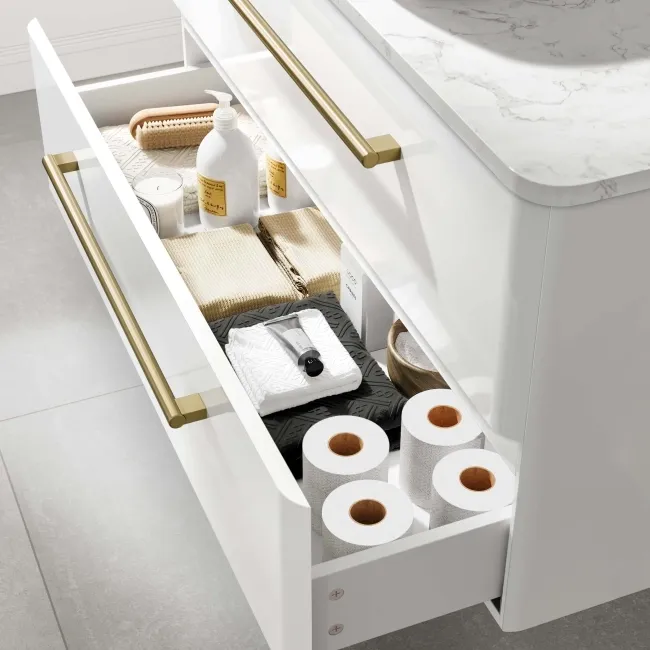 Omaha Gloss White Wall Hung Drawer Vanity with Marble Top & Curved Counter Top Basin 1000mm - Brushed Brass Accents