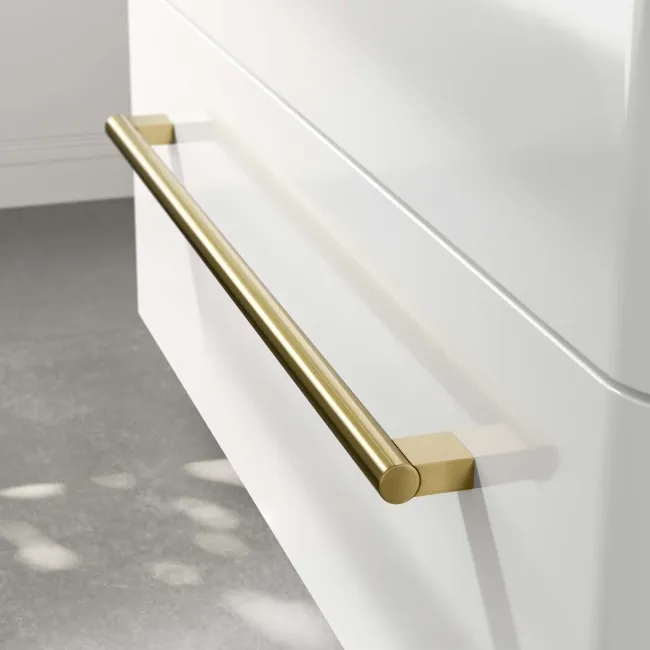 Omaha Gloss White Wall Hung Drawer Vanity with Marble Top & Curved Counter Top Basin 1000mm - Brushed Brass Accents