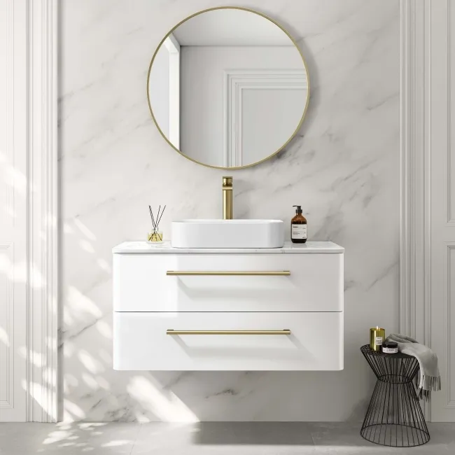 Omaha Gloss White Wall Hung Drawer Vanity with Marble Top & Marin Basin 1000mm - Brushed Brass Accents