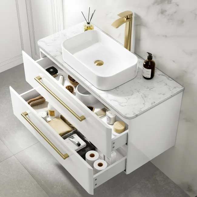 Omaha Gloss White Wall Hung Drawer Vanity with Marble Top & Marin Basin 1000mm - Brushed Brass Accents