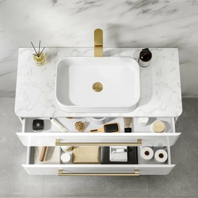 Omaha Gloss White Wall Hung Drawer Vanity with Marble Top & Marin Basin 1000mm - Brushed Brass Accents