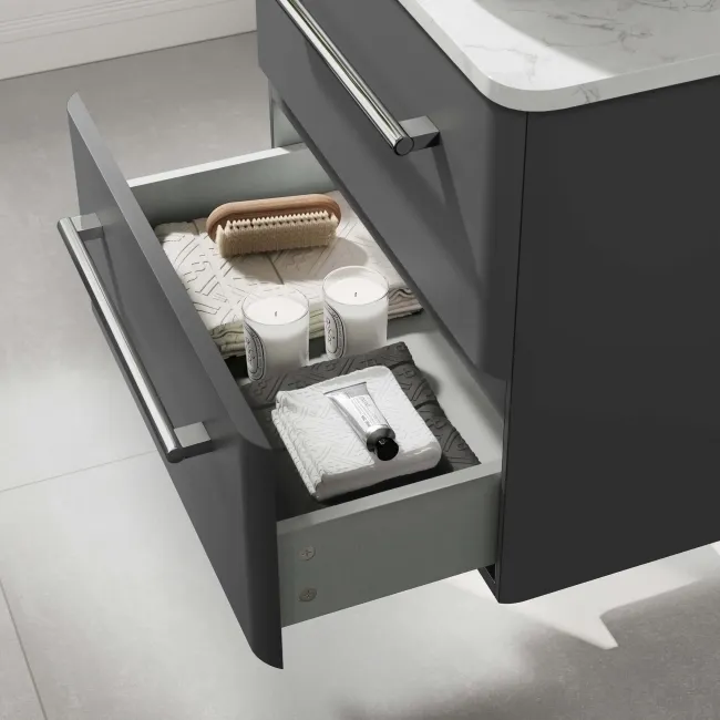 Omaha Slate Grey Wall Hung Drawer Vanity with Marble Top & Curved Counter Top Basin 600mm