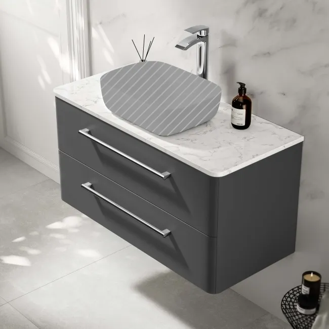 Omaha Slate Grey Wall Hung Drawer Vanity with Marble Top 1000mm - Excludes Counter Top Basin