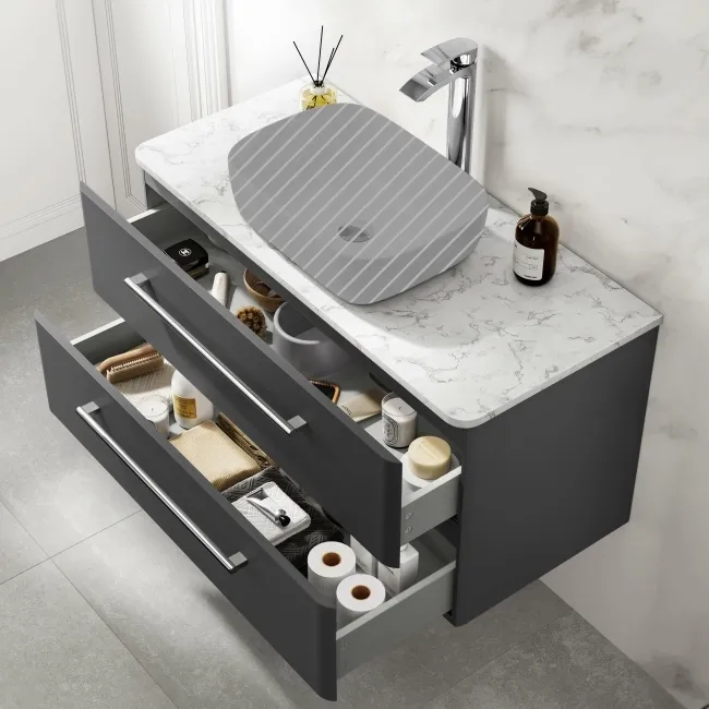 Omaha Slate Grey Wall Hung Drawer Vanity with Marble Top 1000mm - Excludes Counter Top Basin