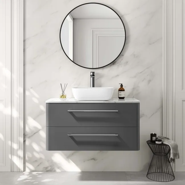Omaha Slate Grey Wall Hung Drawer Vanity with Marble Top & Curved Counter Top Basin 1000mm