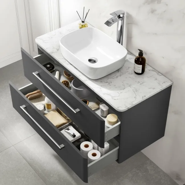 Omaha Slate Grey Wall Hung Drawer Vanity with Marble Top & Curved Counter Top Basin 1000mm