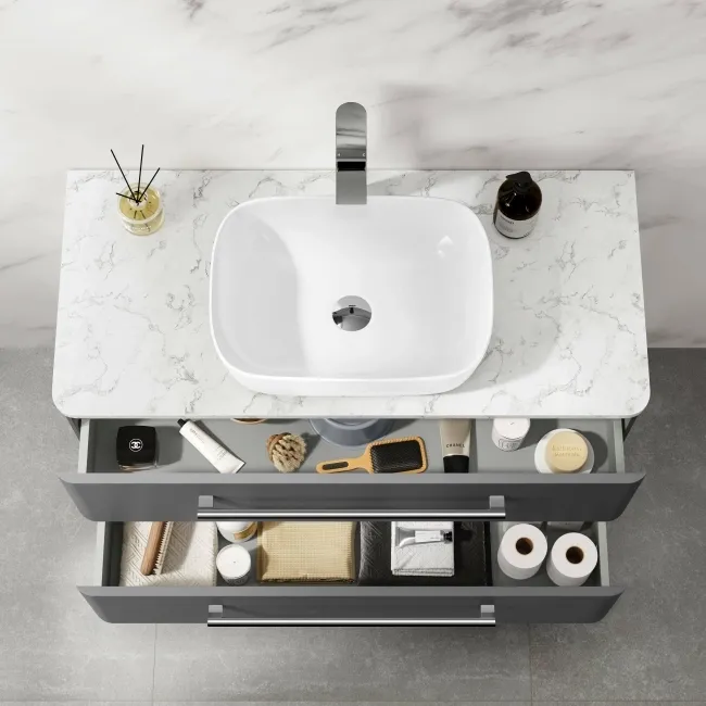 Omaha Slate Grey Wall Hung Drawer Vanity with Marble Top & Curved Counter Top Basin 1000mm