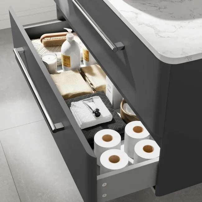 Omaha Slate Grey Wall Hung Drawer Vanity with Marble Top & Curved Counter Top Basin 1000mm