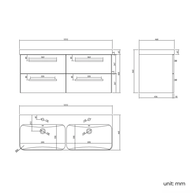 Omaha Slate Grey Wall Hung Double Basin Drawer Vanity 1200mm