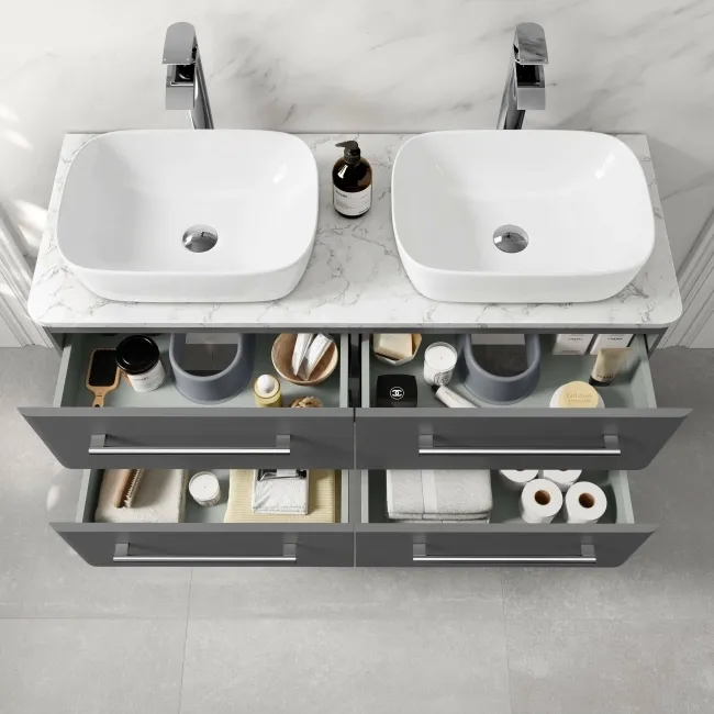 Omaha Slate Grey Wall Hung Drawer Vanity with Marble Top & Curved Counter Top Basin 1200mm