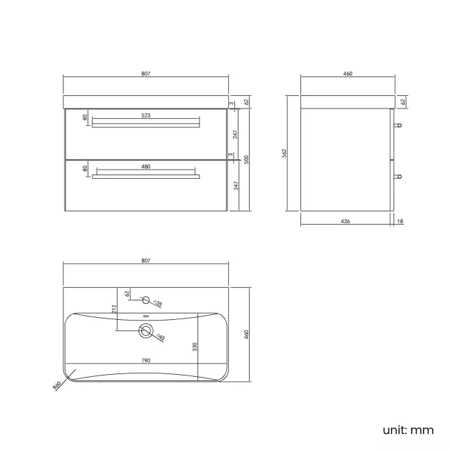 Omaha Slate Grey Wall Hung Basin Drawer Vanity 800mm - Black Accents