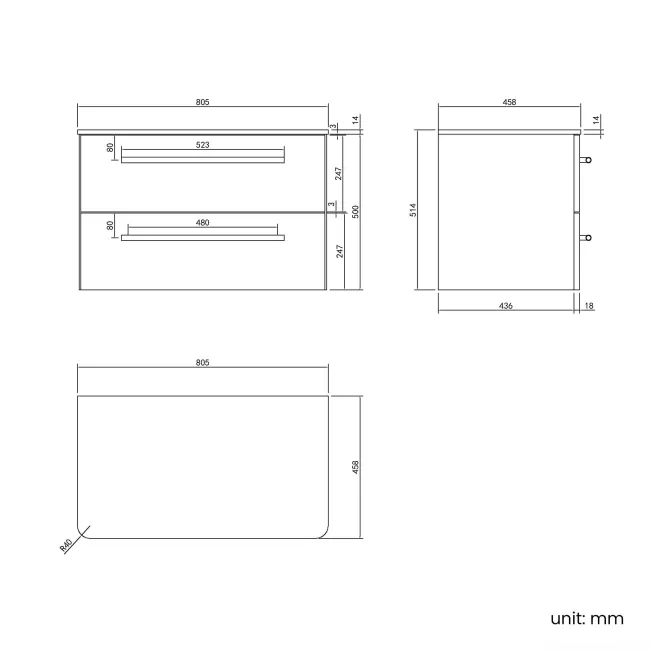 Omaha Slate Grey Wall Hung Drawer Vanity with Marble Top 800mm (Excludes Counter Top Basin) - Black Accents