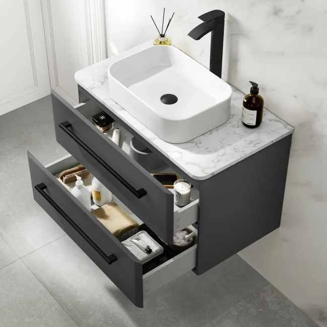 Omaha Slate Grey Wall Hung Drawer Vanity with Marble Top & Marin Basin 800mm - Black Accents