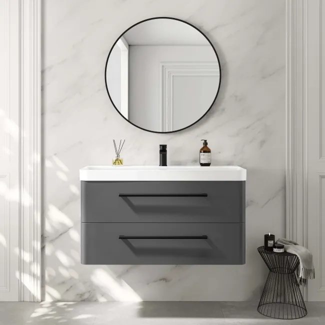 Omaha Slate Grey Wall Hung Basin Drawer Vanity 1000mm - Black Accents