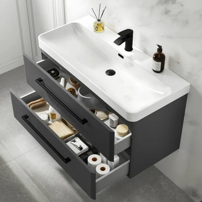 Omaha Slate Grey Wall Hung Basin Drawer Vanity 1000mm - Black Accents