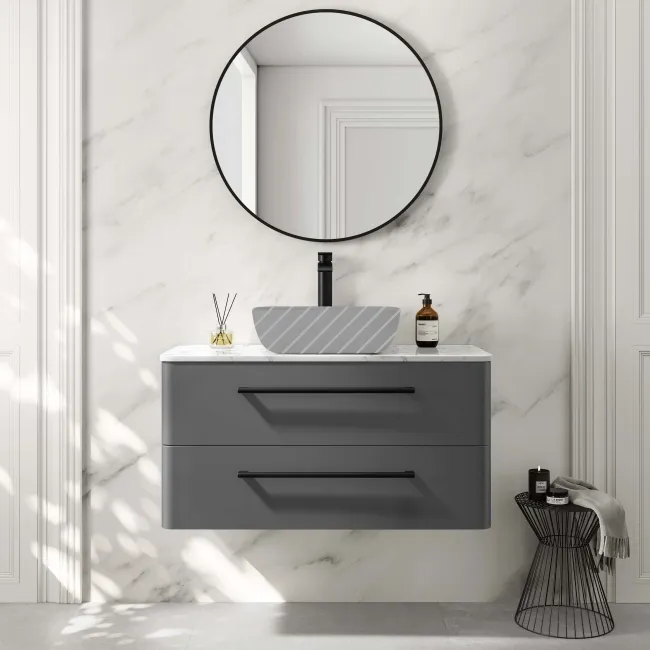 Omaha Slate Grey Wall Hung Drawer Vanity with Marble Top 1000mm (Excludes Counter Top Basin) - Black Accents