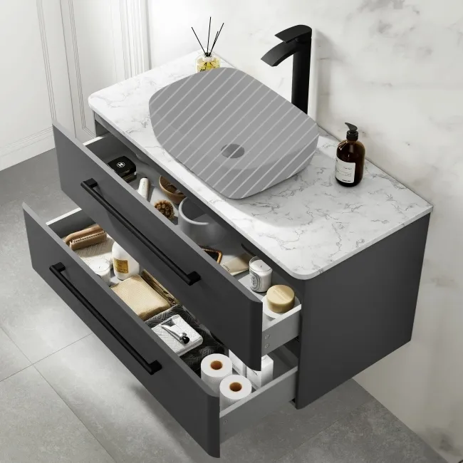 Omaha Slate Grey Wall Hung Drawer Vanity with Marble Top 1000mm (Excludes Counter Top Basin) - Black Accents