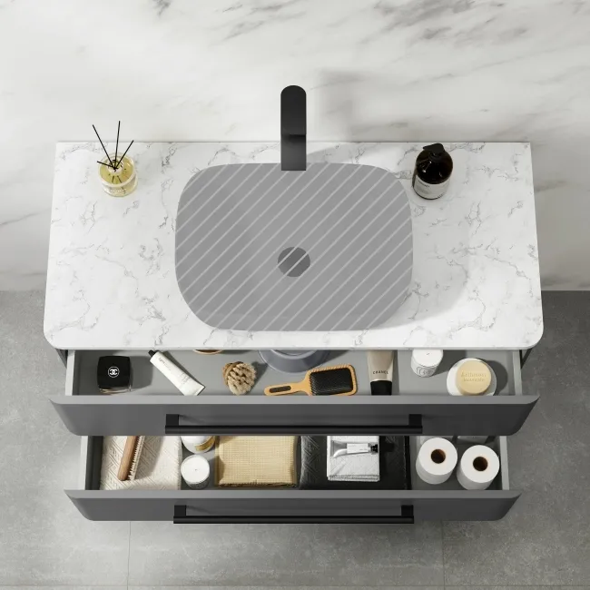 Omaha Slate Grey Wall Hung Drawer Vanity with Marble Top 1000mm (Excludes Counter Top Basin) - Black Accents