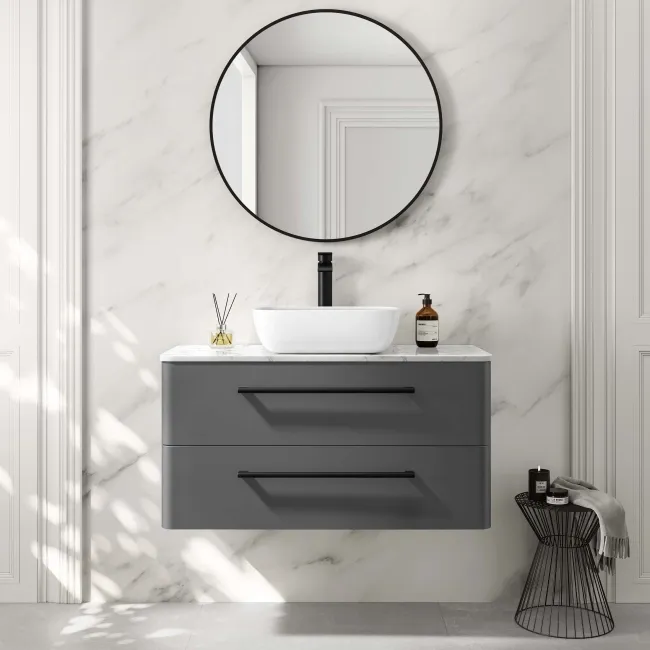 Omaha Slate Grey Wall Hung Drawer Vanity with Marble Top & Curved Counter Top Basin 1000mm - Black Accents