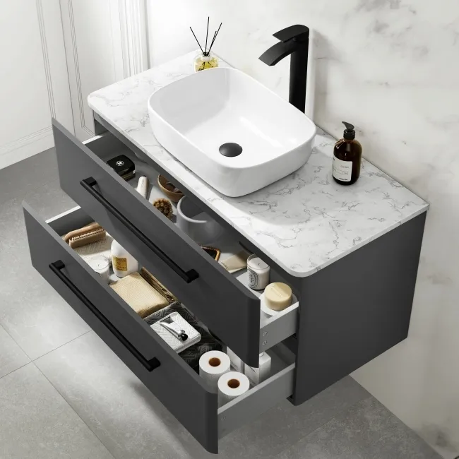 Omaha Slate Grey Wall Hung Drawer Vanity with Marble Top & Curved Counter Top Basin 1000mm - Black Accents