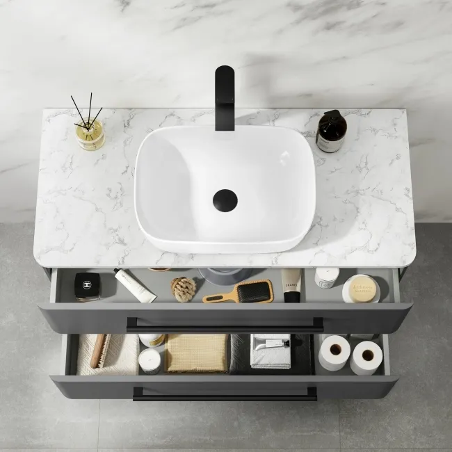 Omaha Slate Grey Wall Hung Drawer Vanity with Marble Top & Curved Counter Top Basin 1000mm - Black Accents