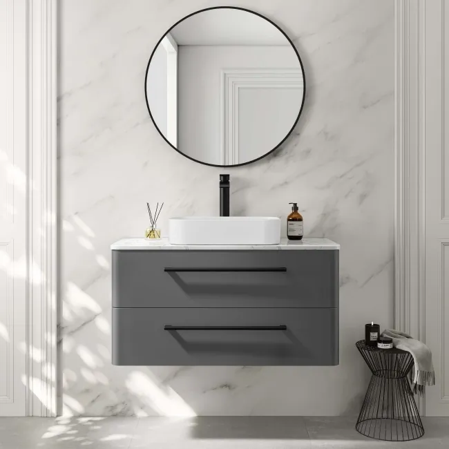 Omaha Slate Grey Wall Hung Drawer Vanity with Marble Top & Marin Basin 1000mm - Black Accents